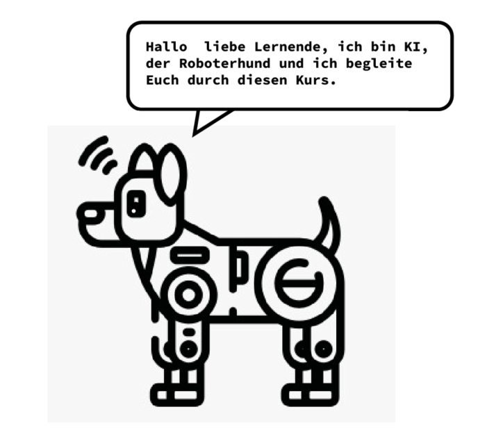 Vektorgrafik: Ki, der kleine Roboterhund, der durch den Kurs führt stellt sich vor