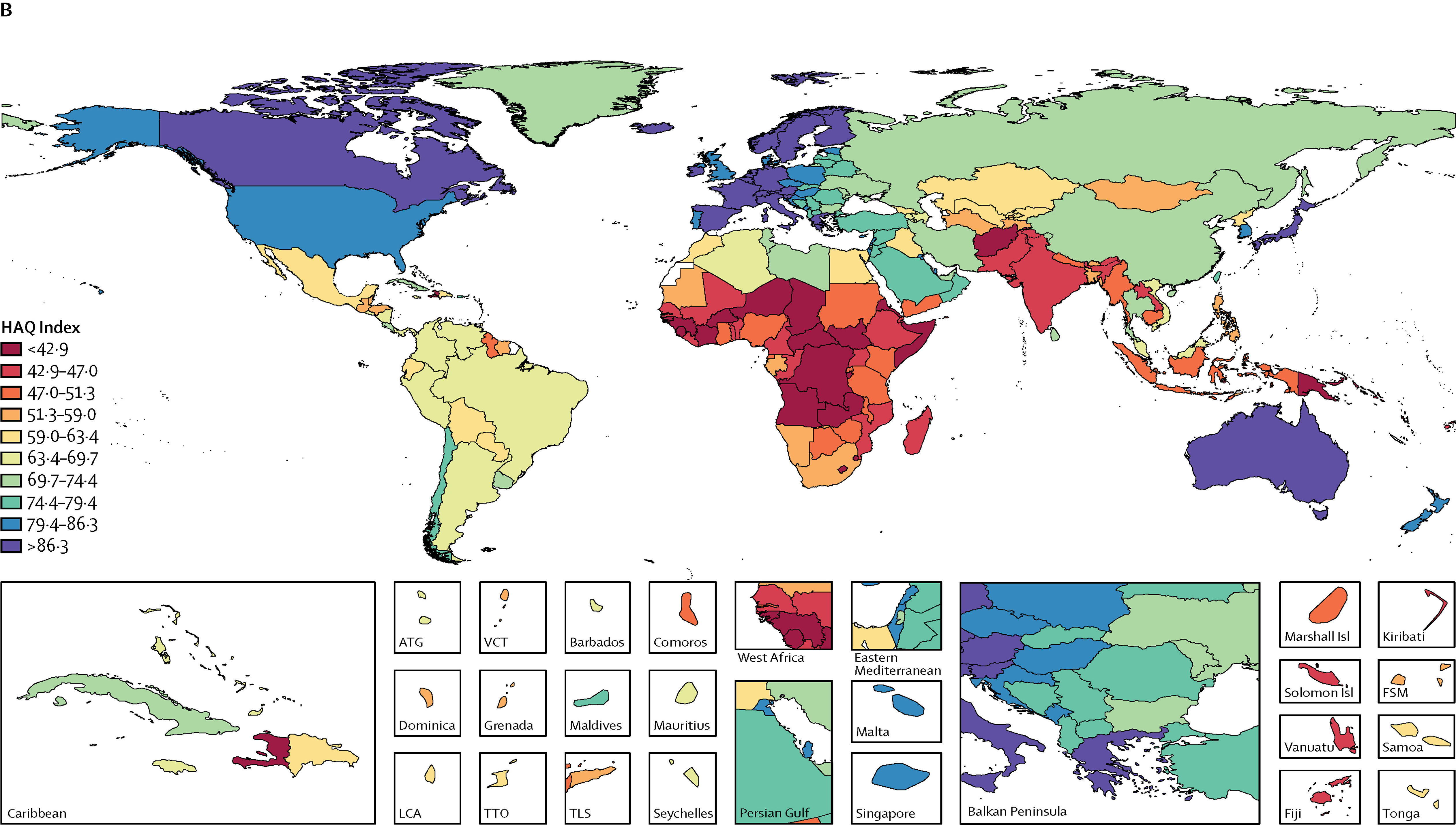 Weltkarte mit HAQ-Indexwerten aus 2015 (B) (Quelle: Barber et al., 2017) 