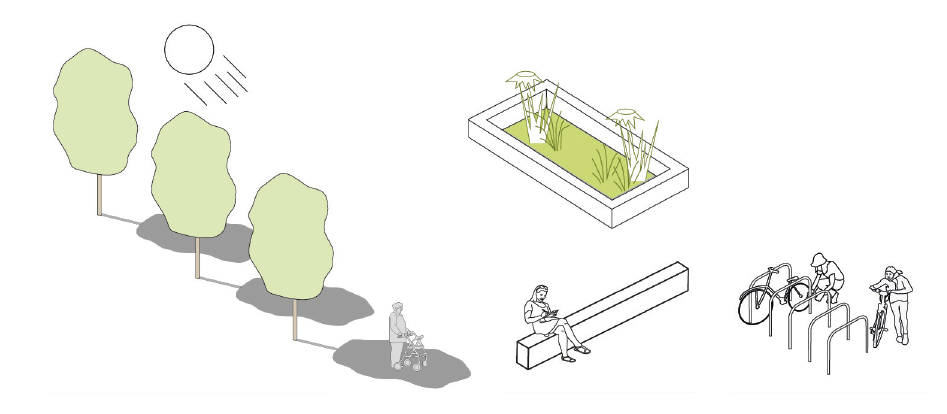 Eine Illustration mit Stadtobjekten und über den Schattenwurf von Bäumen bei Sonne