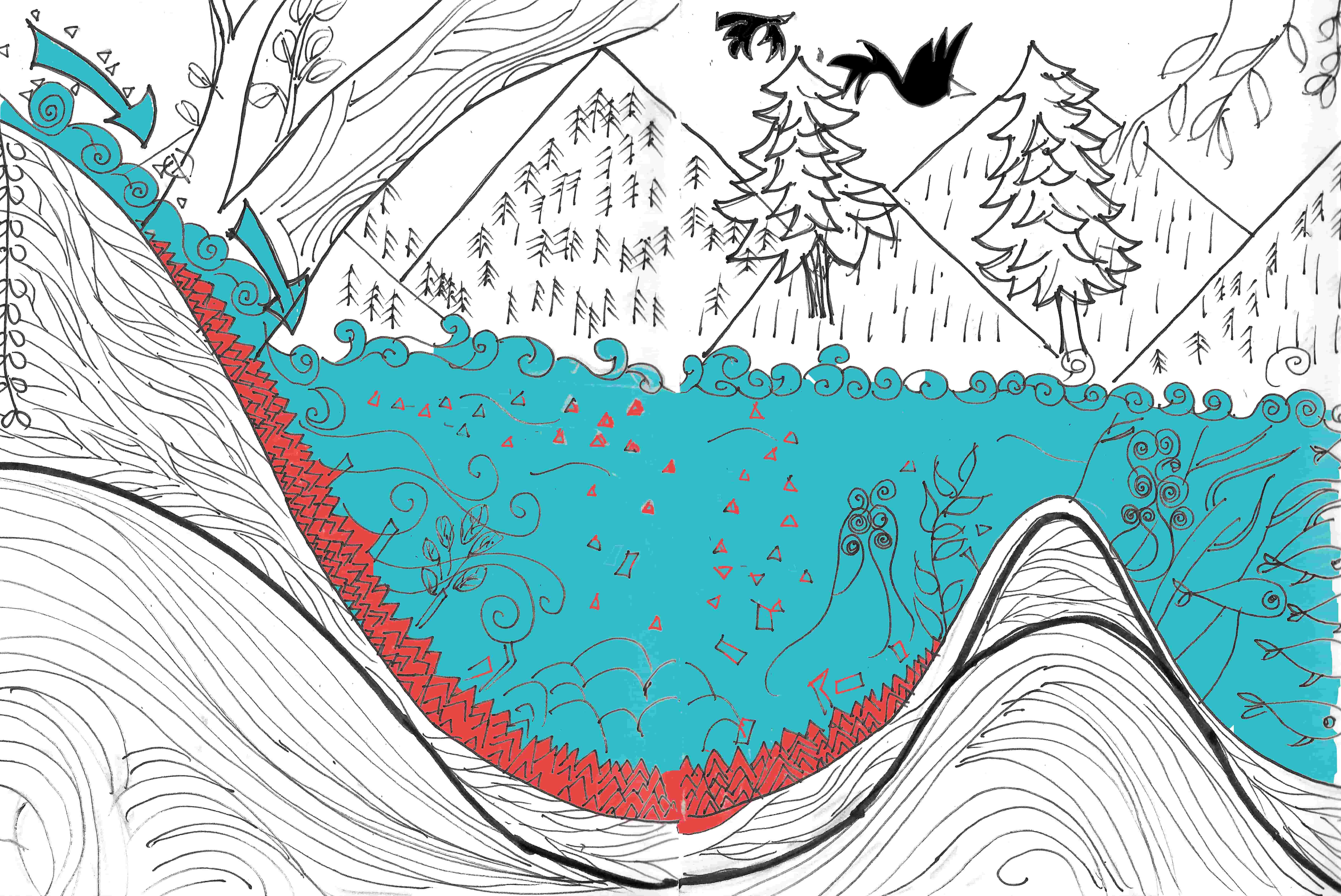 Eine Illustration, die zeigt, wie sich Sedimente im Wasser am Boden absetzen und das Wasser reinigen