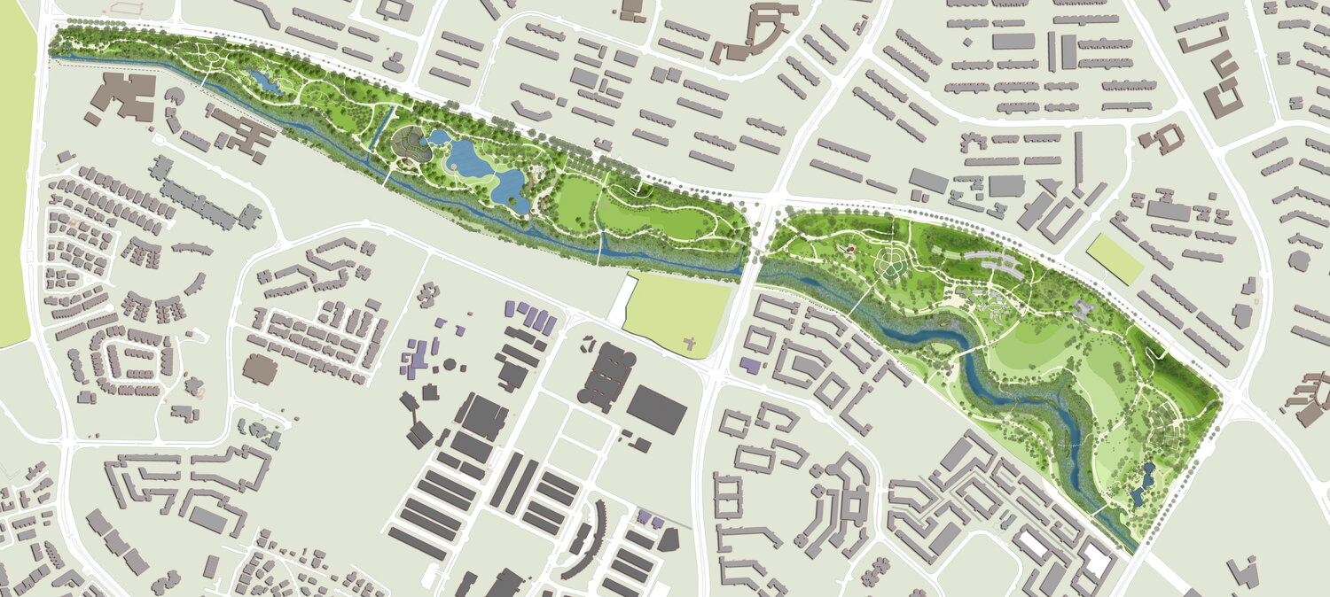 Masterplan des Bishan-Parks zeigt einen 3 km langen Fluss den Park durchlaufend, herum sind Hochhäuser zu erkennen
