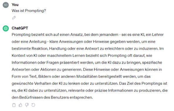 Screenshot von ChatGPT mit der Frage Was ist Prompting? und der Antwort von Chat GPT dazu.