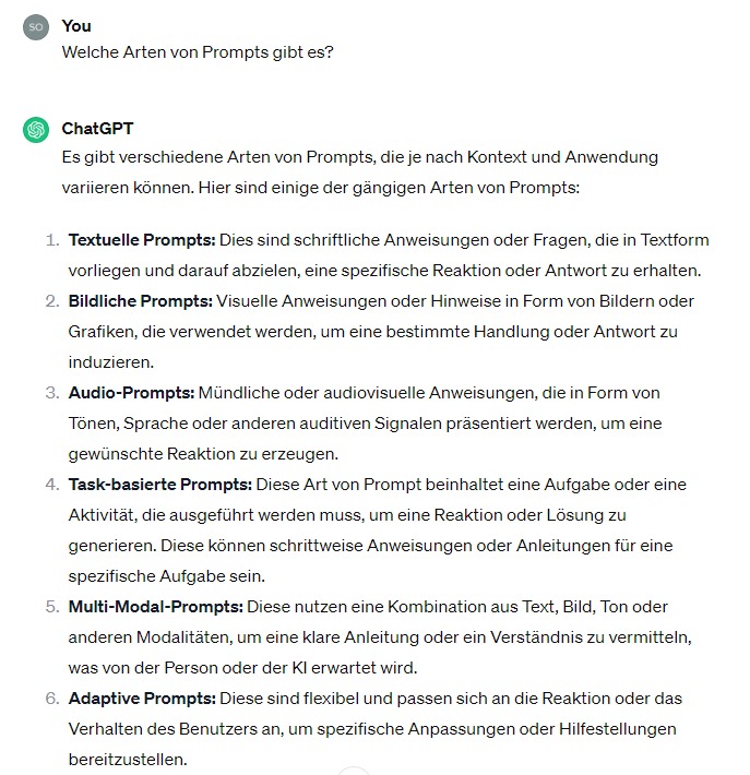Screenshot von Chat GPT mit der Frage Welche Arten von Prompts gibt es? und der Antwort der KI darauf.